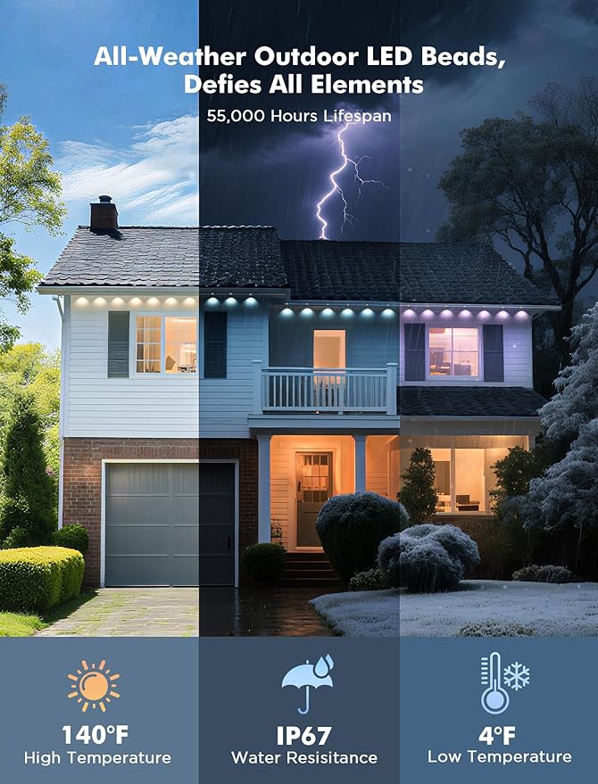FNY Permanent Outdoor Lights 100ft Smart RGB with 60 LED, IP67 Waterproof for Outdoor Decor, App/Remote Control Eaves Lights Compatible with Alexa, Google Assistant, DIY Scene Modes for Christmas