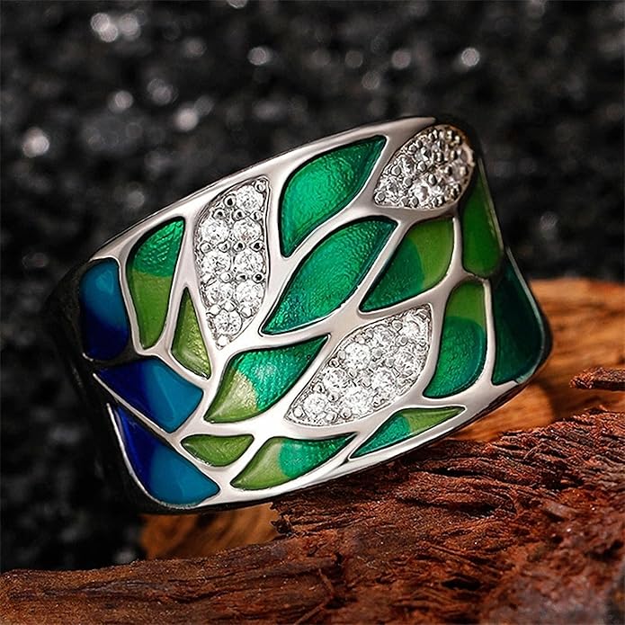 Women Tree of Life Lucky Flower Wide Band Ring Gold Pink Opal Green Enamel Resin Plated Dainty Tree Rhinestone Statement Thumb Index Full Finger Chunky Ring Party Crystal Vintage Jewelry