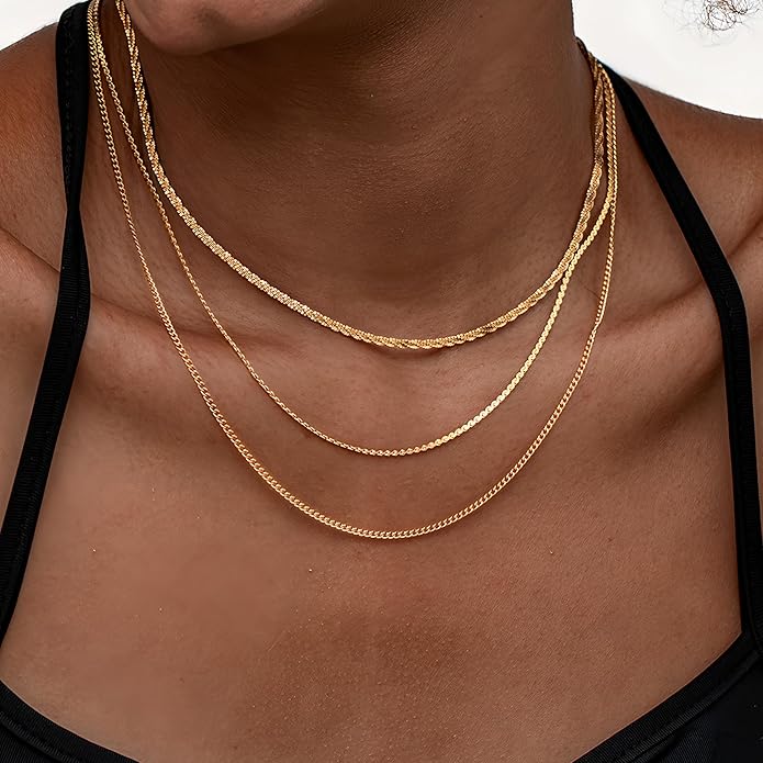 3PCS Gold Necklaces for Women,Chunky Statement Gold Plated Necklace Stack Layered Sterling Silver Herringbone Chains for Women Dainty Trendy Silver Chains Stacked Jewelry Gifts