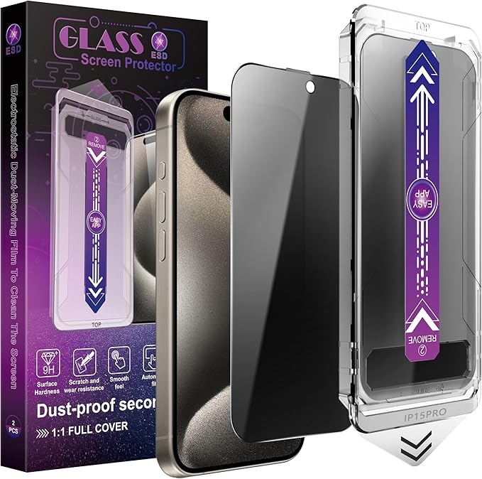 2 Pack Privacy Screen Protector for iPhone 16 Pro Max, 9H Tempered Glass, Full Coverage, Anti-Fingerprint, Auto Dust-Elimination, No Bubble, Easy Installation