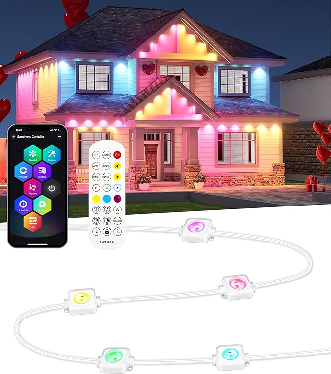 Permanent Outdoor Lights for House, 100ft 60LED Smart RGBW+IC Outdoor Christmas Lights with APP/Remote Control, DIY Scene, IP67 Waterproof Under Eaves Lighting for Holiday & Daily Decor
