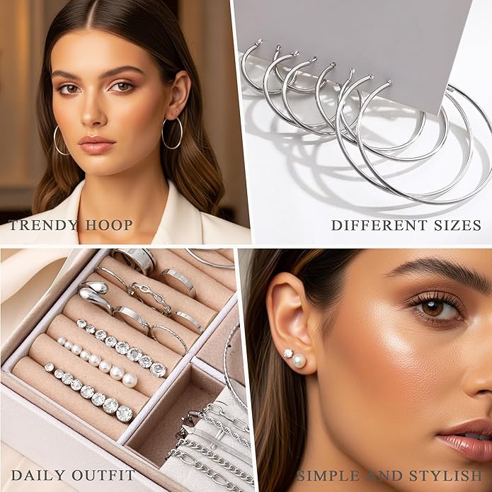 Valentines Gifts -56 Pcs Gold Jewelry Set for Women with 5Pcs Layered Necklace, 5Pcs Layered Necklace, 12 Bracelets, 4 Hoop Earrings, 8 Stackable Rings, 10 hairpins, 12 Studs Earrings Jewerly set for Women