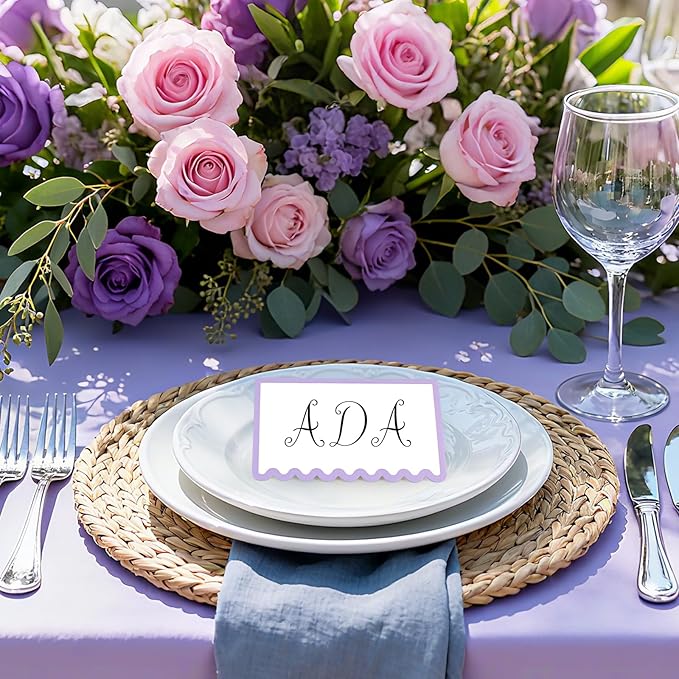 150 PCS Purple Scalloped Place Cards 2 x 3.5 Inch Blank Tented Place Card Name Cardstock Seat Assignment Label Card Reserved Table Signs Seating Signs for Birthday Party Wedding Setting
