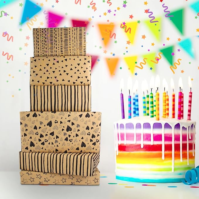Wrapping Paper Sheets-Gift Wrapping Paper Set with Tags & String-Brown Kraft Wrapping Paper Birthday Gift Wrap for Present Wrapping Paper-Birthday Paper Birthday Wrap for Women Girl Men Boys Kids(6 Sheets, 28"Lx20"W per Sheet)