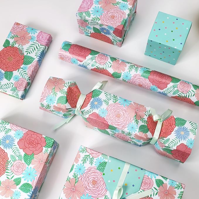 LaRibbons Reversible Floral Wrapping Paper Roll, 17 Inch x 33 Feet (46.7 Sq. Ft), Double-Sided Colorful Watercolor Rose and Polka Dots Design for Wedding, Mother’s Day, Bridal Shower & Birthday