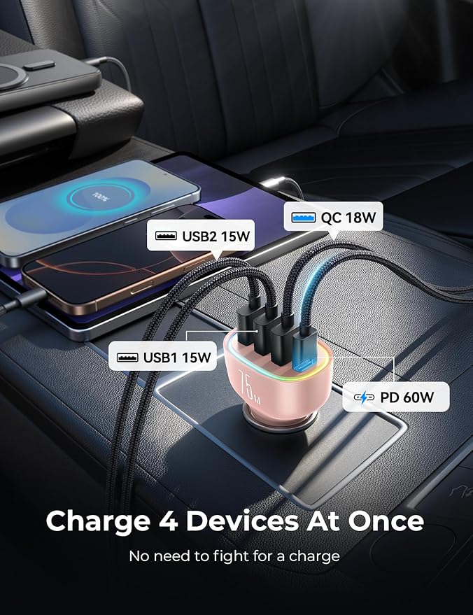 USB C Car Charger Cigarette Lighter Adapter 75W 4-Port Fast Car Charger Fast Charging Compatible with iPhone16/15/14/13 Series- Pink