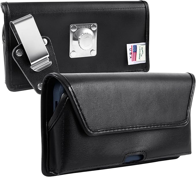 Turtleback Belt Clip for iPhone 16 Pro, 16e, 15 pro 14 Pro 13 Pro -Large- Fits w/Defender Bulky Style Cases, Premium Black Leather, Horizontal Belt Holder, Magnetic Closure HD Rotating Belt Clip