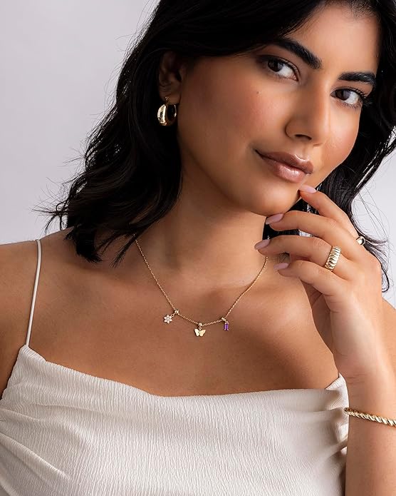 PAVOI 14K Gold Plated Dainty Necklace with Charms Set - Hypoallergenic Adjustable Chain Gold Charm Necklace for Women - Small Motif & Mantra 2 and 3-Pack Removable Pendants - Cute Jewelry Gifts