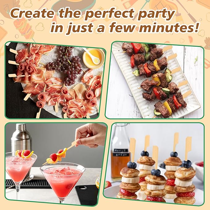200pcs Bamboo Skewers for Appetizers, 4.7 inch Cocktail Picks, Mini Charcuterie Food Sticks for Party Fruit Kabobs, Martini Olive, Drinks, Small Sandwich Toothpicks, Wooden Paddle Skewer