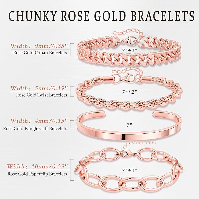 Chunky Gold Bracelets Stack for Women Non Tarnish, Waterproof 14K Gold Plated Bangle Cuff Bracelets Set for Women Trendy Thick Layered Cuban Link Chain Paperclip Rope Stackable Bracelet for Jewelry Gifts