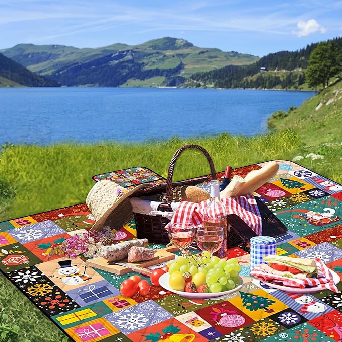Poedist Extra Large Picnic Blanket Waterproof,80"x 80"Foldable Machine Washable Beach Blanket,Outdoor Blanket for 6-8 Adults,Suitable for Crawling,Park Beach,Camping,Hiking,Family, Christmas