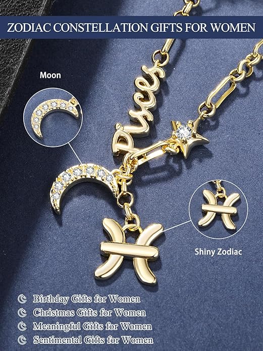 14K Gold/Rose Gold Zodiac Necklace for Women - Horoscope Constellation Pendant with Moon and Star, Luxury Birthday Gifts Jewelry for Her (12 Zodiac Signs)