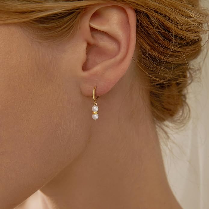 Gold Pearl Dangle Earrings for Women, 14K Gold Plated Small Pearl Drop Huggie Hoop Earrings, Hypoallergenic Dainty Gold Earrings Wedding Jewelry Gifts for Women Trendy
