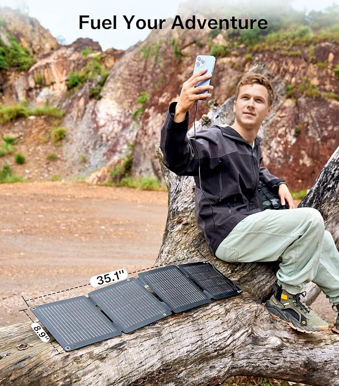 PEAKFLOW 30W Solar Panel,Foldable Portable Solar Panel,25.4% High-Efficiency, USB-A and 2 USB-C Ports, Folding IP 68 Waterproof Solar Panels with Carabiners for Camping