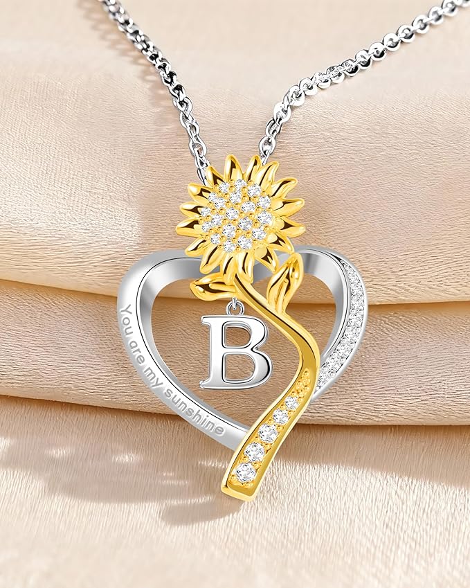 Birthday Gifts for Women Preserved Real Rose with Sunflower Initial Necklace - Birthday Gifts for Women Her Mom Wife on Valentines Mothers Day Christmas Anniversary Romantic with Pendant B
