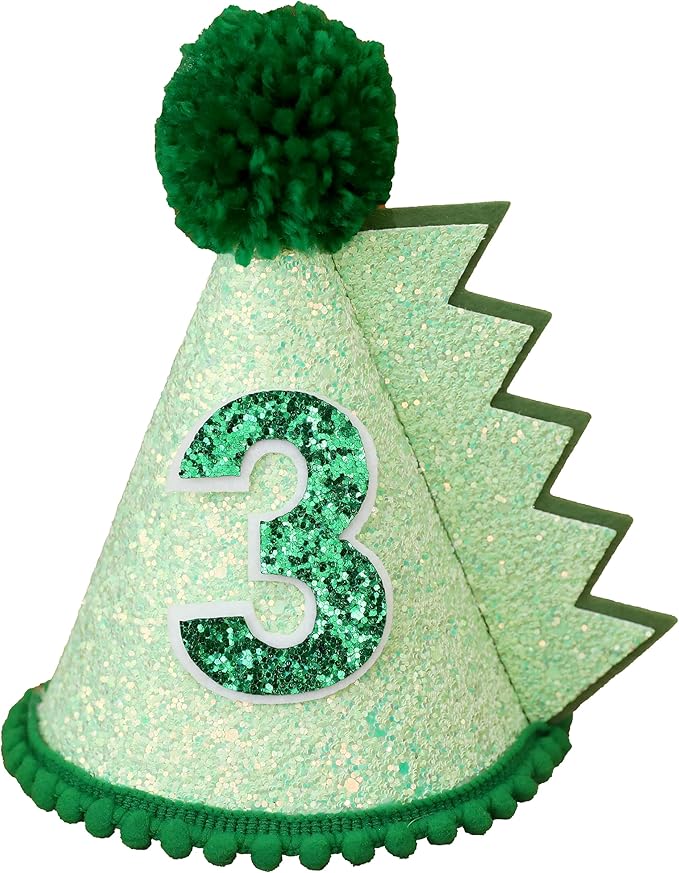 Green Glitter Dinosaur Birthday Cone Hat for 1-5 Years Old Kids Boys Dino Dinousour Birthday Hat Party Decoration