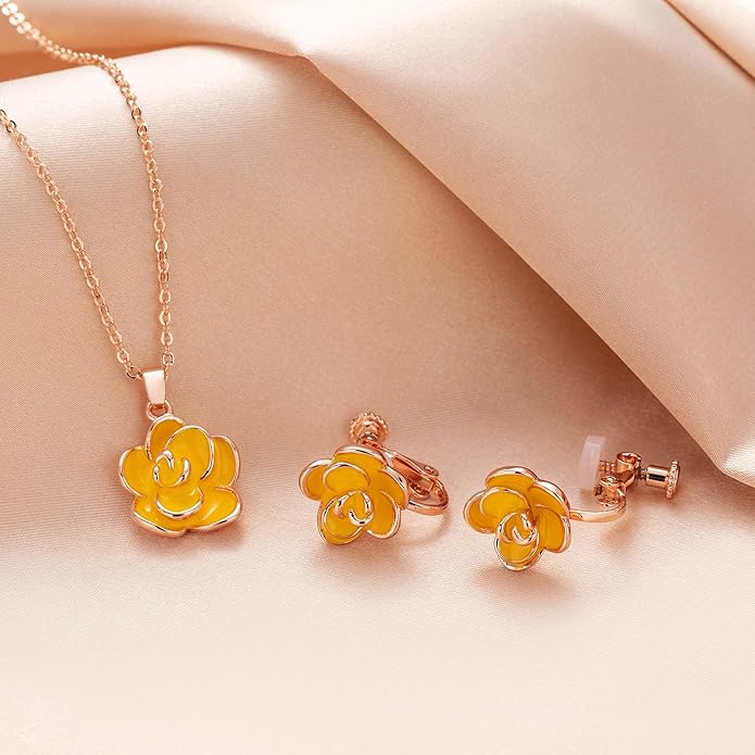 Dainty Rose Flower Pendant Necklace Clip On Earrings Set for Women 14K Gold Plated Hypoallergenic Jewelry Sets