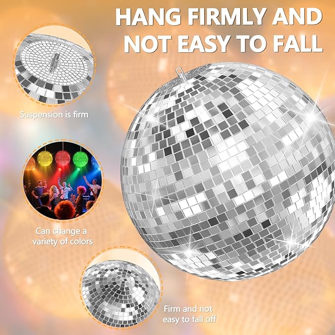 12-Inch Mirror Disco Ball with Hanging Ring, Disco Party Decorations for DJ Club Stage Wedding Birthday Christmas New Years