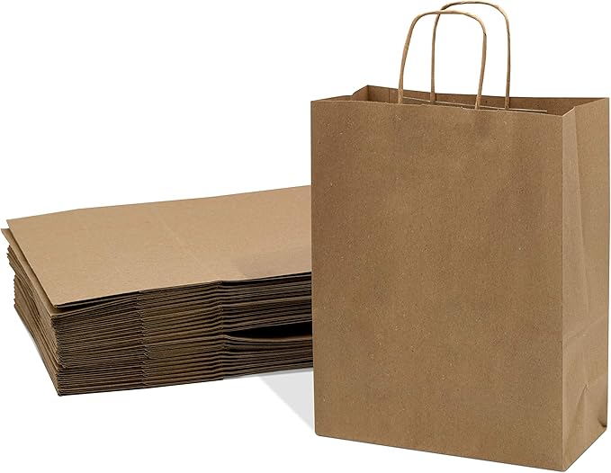 Prime Line Packaging Medium Brown Paper Bags with Handles, Kraft Gift for Small Business, Shopping, Boutiques, Retail Store, Bulk, 10x5x13, 25 Pack