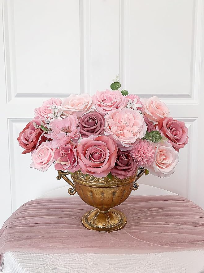 Pink Rose Artificial Flowers Dusty Fake Flower Bulk for DIY Wedding Bouquet Bridal Baby Shower Decorations Party Table Centerpieces Cake Decorating Silk Floral Arrangement Home Decor Indoor