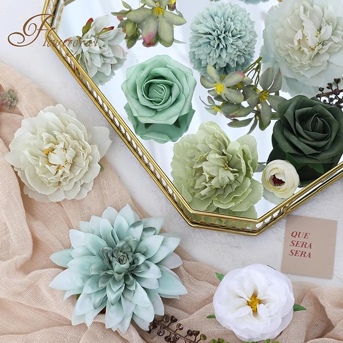 Floweroyal Artificial Flowers Combo Green Flowers Mix Silk Flowers Dahlia Roses with Stems for DIY Wedding Bridal Bouquets, Baby Shower, Floral Arrangement, Table Centerpieces, Home Decorations.
