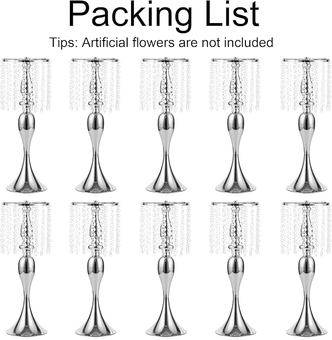 Silver Vases for Centerpieces, 21.3in Crystal Flower Arrangement Stand, Wedding Centerpieces for Tables, Tall Metal Flower Vase Holders for Wedding, Event, Reception, Birthday, Home Decor, 10 Pcs