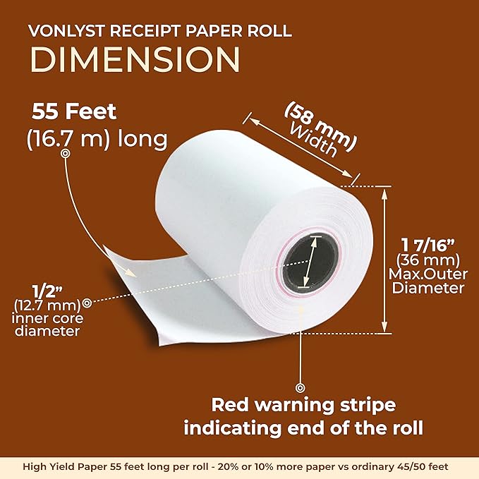 Receipt Paper Roll for 58mm Mobile Portable Thermal Printer (Pack 10 rolls)