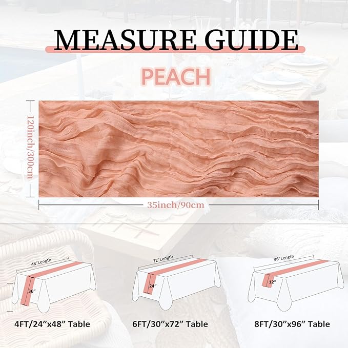 6 Pack Peach Cheesecloth Table Runner 10FT Boho Gauze Fabric Table Runner 35 x 120 Inch Rustic Sheer Runner for Centerpiece Wedding Decor Baby Shower Party Boho Table Decoration