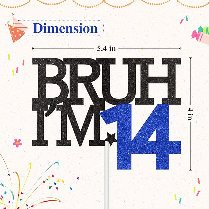 Bruh I'm 14 Cake Topper, Happy 14th Birthday Decorations for Boy, Funny 14th Birthday Cake Topper Birthday Party Decoration Supplies