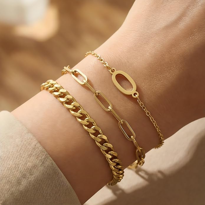 14K Gold Plated Bracelets for Women, A–Z Initial Charm Bangles Jewelry Set, Elegant Gold Accessories, Friendship Bracelet Gifts for Mom