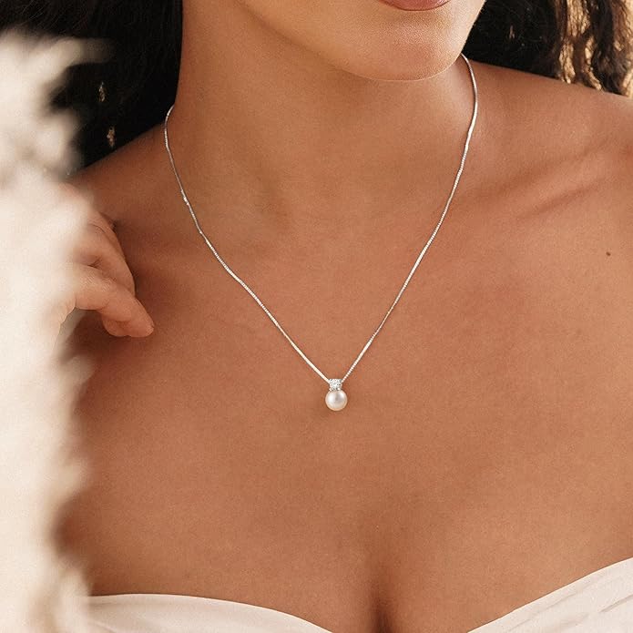 WFYOU Pearl Necklaces for Women Trendy 6MM 8MM 10MM Dainty Round Natural Freshwater Pearl Necklace Silver 14K Gold Plated CZ Pearls Necklaces for Women Birthday Bridesmaid Wedding Gifts Pearl Jewelry