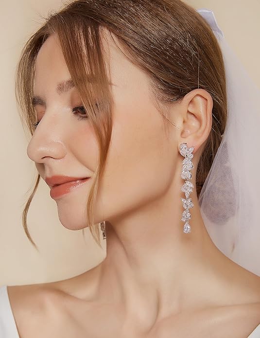 EAMTI Silver Dangle Earrings for Women Cubic Zirconia Marquise Bridal Wedding Earrings 925 Sterling Silver Post Engagement Earring