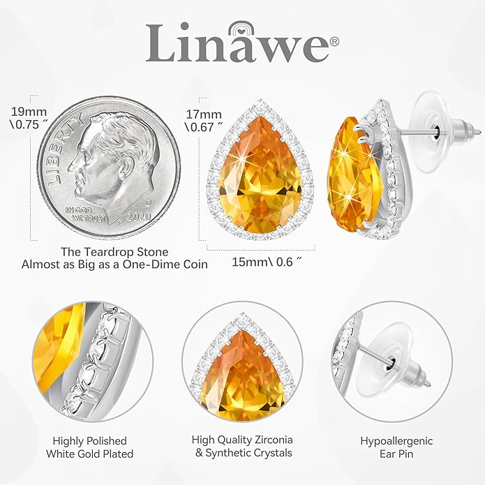 Linawe Women Stud Earrings, Teardrop Diamond Moissanite Cubic Zirconia Earrings Studs Rhinestone Jewelry Gold/Silver/Rose Gold