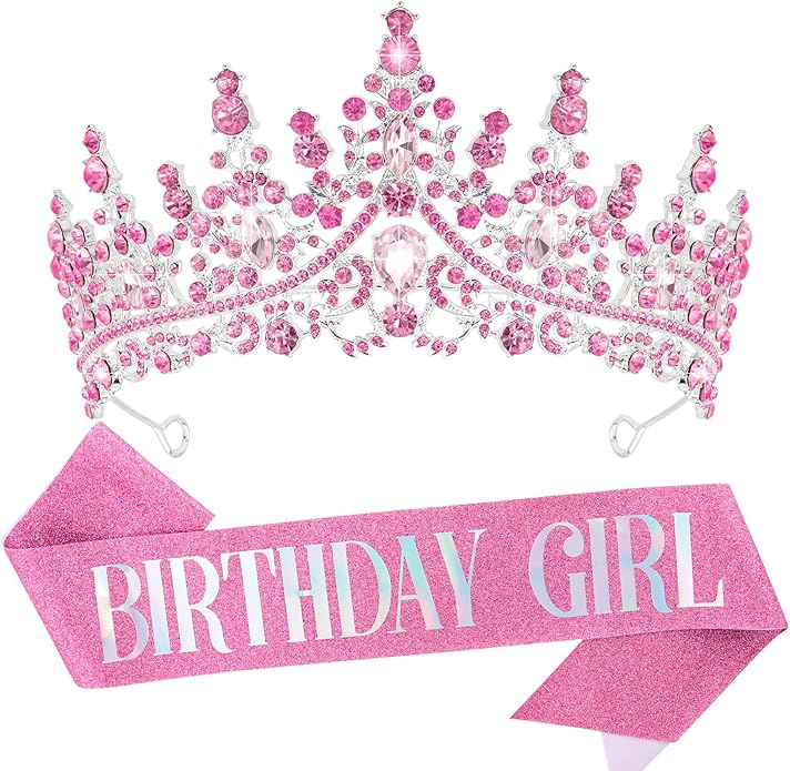 VELSCRUN Birthday Tiara Crowns for Women Girls Crystal Birthday Girl Headband Sash Elegant Princess Crown Happy Birth Party Decorations Women Sisters Birth Gift Hair Accessories