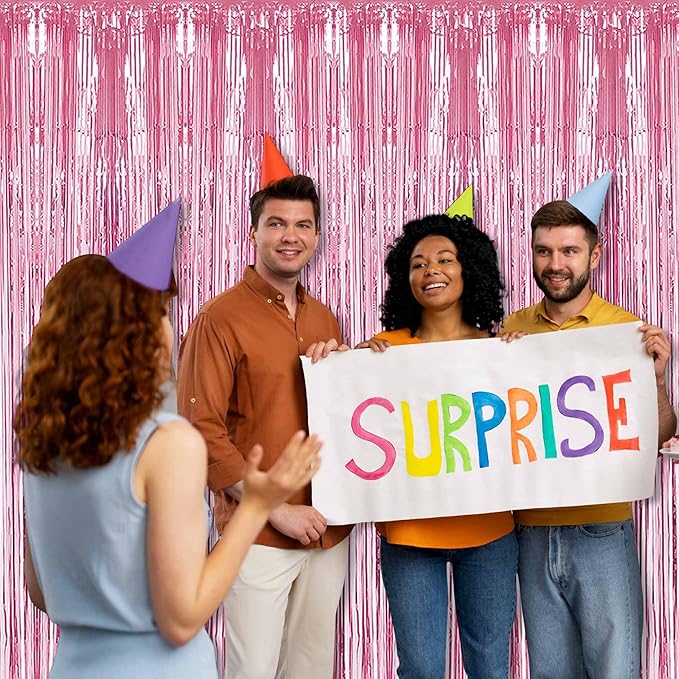 3 Pack Pink Foil Fringe Curtains Backdrop, 3.28 x 8.2 Ft Metallic Streamers Tinsel Curtains Background for Photo Booth, Birthday, Halloween, Christmas, Thanksgiving, New Year Party Decorations