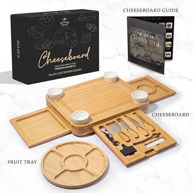 Zulay Kitchen Deluxe Bamboo Cheese Board - Extra Thick Bamboo Charcuterie Board with 4 Piece Knife Set - Perfect for Charcuterie, Wine and Cheese