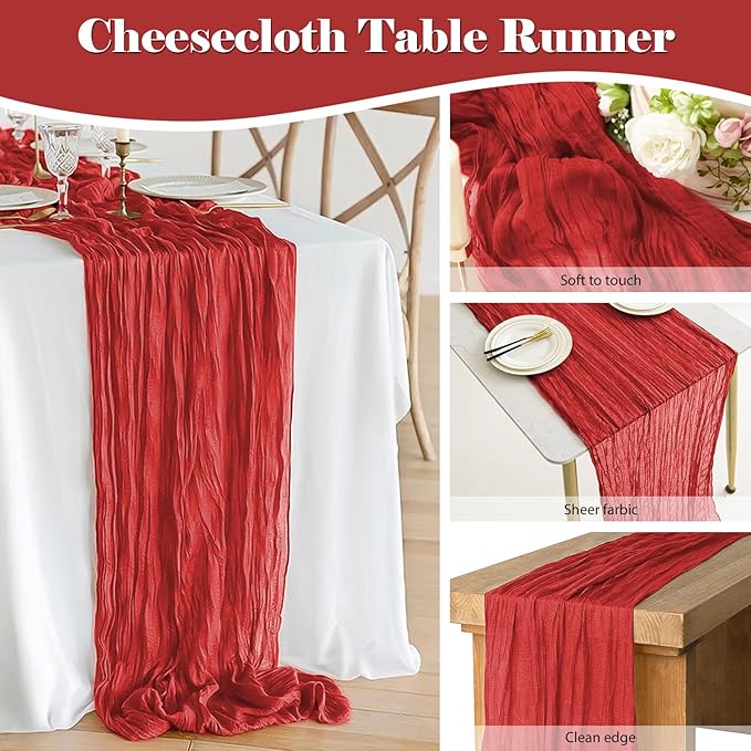 2 Pack 10 Ft Cheesecloth Table Runner Red Gauze Long Table Runners Boho Gauze Cheese Cloth Table Runner Rustic Sheer Runner for Wedding Party Table Decor ( 35 x 120 Inch )