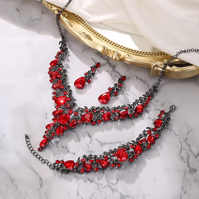 BriLove Women's Wedding Bridal Austrian Crystal Teardrop Flower Cluster Statement Necklace Dangle Earrings Jewelry Set for Party Prom