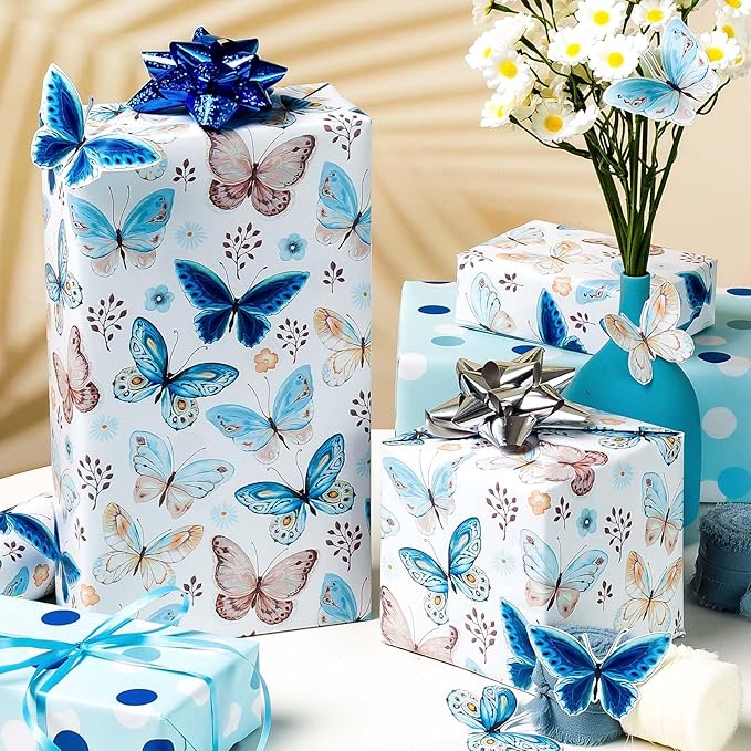 MIMUTI Watercolor Butterfly Wrapping Paper - 17 in X 33 ft - Blue Reversible Gift Wrap with Butterfly, Polka Dots, Flowers, Branches and Leaves - Perfect for Wedding, Mother's Day, Baby Shower