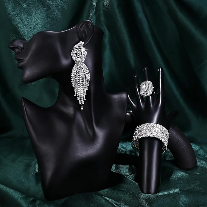 Sllaiss Rhinestone Bridal Jewelry Set for Women Sparkling Rhinestone Stretch Bracelet Ring Dangle Tassel Earrings Set Costume Jewelry