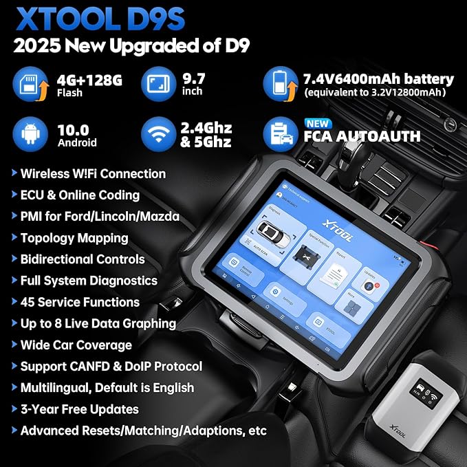 XTOOL D9S Automotive Diagnostic Tool, Wireless OBD2 Scanner with ECU Coding, Topology, Bidirectional Scan Tool 2.0 with FCA, 45+ Resets, Full System, PMI, CAN FD/DoIP, 3-Yr Update
