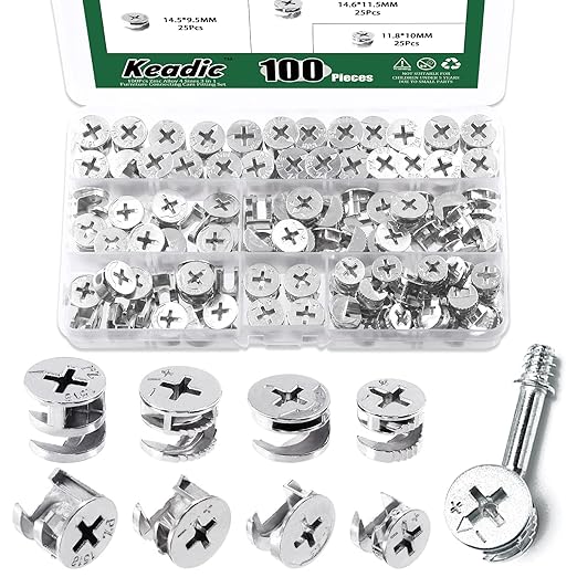 Keadic 100 Pcs 4 Sizes Cam Locks for Furniture, 3-in-1 Eccentric Wheels, Furniture Cam Lock Nuts Furniture Connecting Cam Lock Fittings Assortment Kit for Wardrobe Drawer Closets Bed