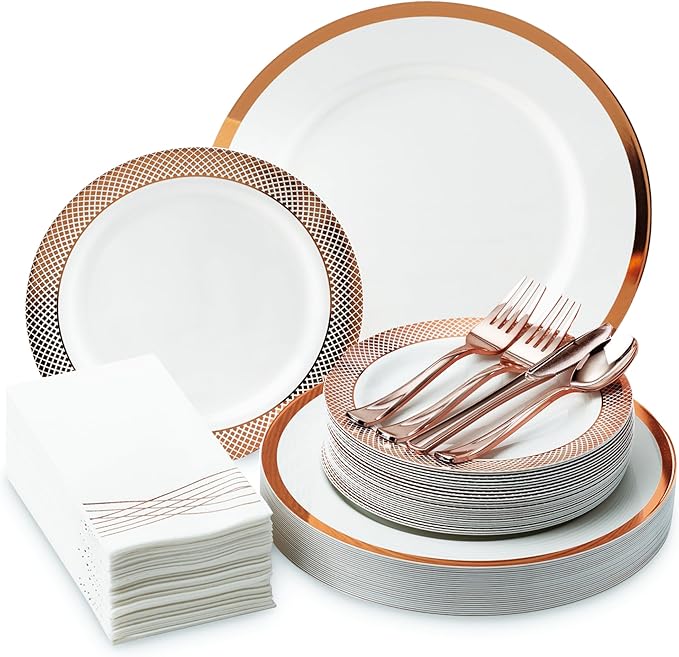 By Madee PREMIUM Elegant Plastic Dinnerware Set - 175 Pc Rose Gold Party Plates and Utensils Set with Luxury Napkins - Perfect for Weddings, Bridal & Baby Shower (25 Guests)