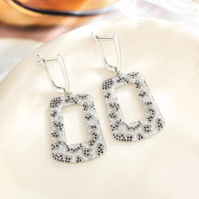 Rose Gold Hoop Earrings for Women, 925 Silver-Plated Thickened Hypoallergenic Earrings, CZ Black Gemstone-Inlaid Earrings - Women's Fashion Jewelry