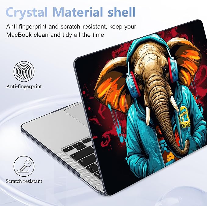 Case for MacBook Pro 13 inch with/Without Touch Bar (2016-2022, M2 A2338 M1 A2289 A2251 A2159 A1989 A1706 A1708), Hard Shell + Keyboard Cover + Dust Plug, Elephant Hoodie