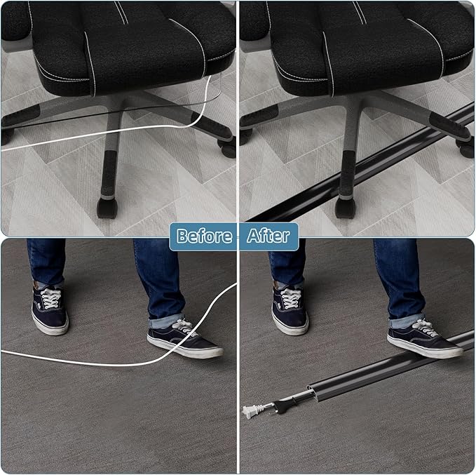4ft Side Buckle Floor Cord Cover for Wires, Selfadhesive Extension Cord Hider Easy Floor Cable Management Prevent Cable Trips,Silicone Floor Wire Covers for Cords, Cable Protector Cord Cavity（Black）