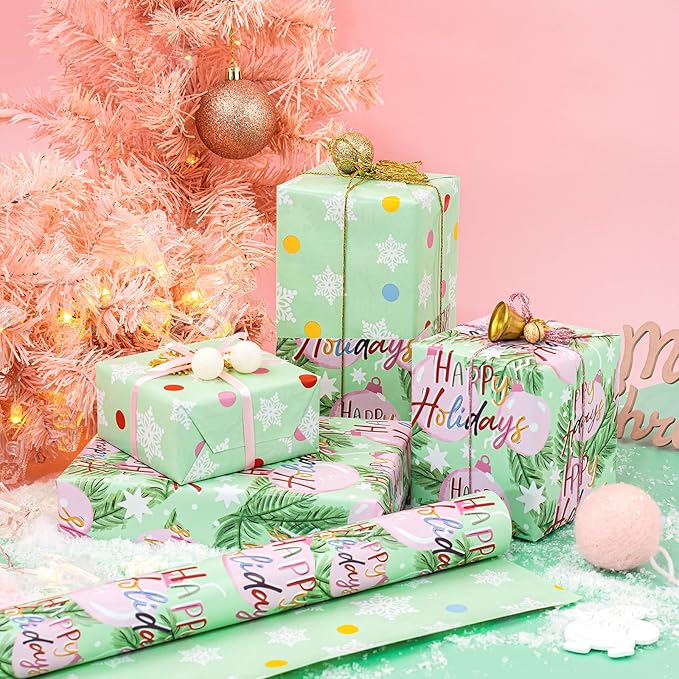 WRAPAHOLIC 30 Inch Jumbo Reversible Christmas Wrapping Paper - 30 Inch x 33 Feet - Happy Holiday Lettering with Christmas Ball Design for Holiday, Party Celebration