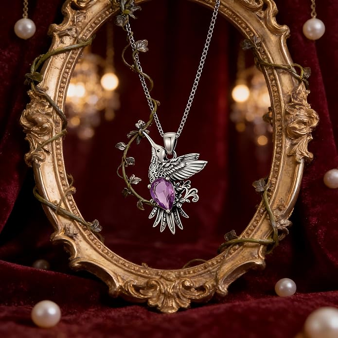 RMREWY Genuine Amethyst Hummingbird Pendant Necklace,925 Sterling Silver Native American Vintage Boho Western Pendant Real Gemstone Jewelry Birthdays Gift for Women Bird Lover