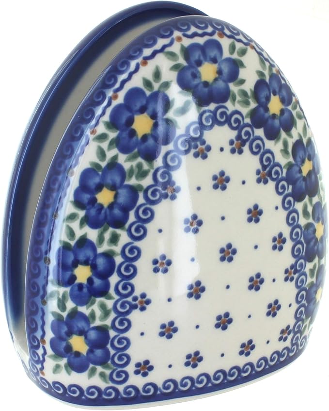Blue Rose Polish Pottery - Blue Spring Blossom Napkin Holder - 4" x 6.5" - Ceramic Napkin Holders, Decorative Dining Table Accessories