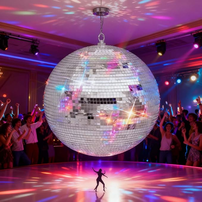 16 inch Silver Disco Ball, Hanging Mirror Ball, Wedding Decoration Disco Light Ball，Stage Lighting Effect ，12/16/20 inch Home、Stage and Bar Glittering Decoration (16inch)